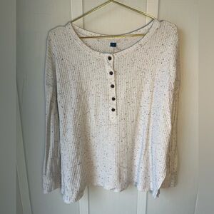 Women's White Button-Down Henley Top with Black Speckles Size Small
